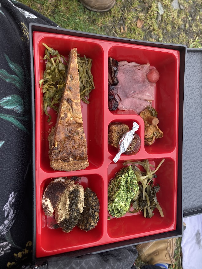 Bento box of various wild foods including venison, pickles, chanterelle tart, samphire, lava bread and other absolutely gorgeous flavoured foods/  